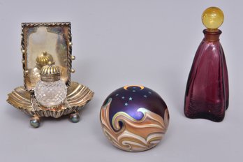 Lundberg Studio 1976 Paperweight, Glass Act Studio Perfume Bottle And Cut Glass Perfume Bottle Frame Tray