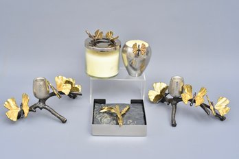 Collection Of Michael Aram Butterfly Candleholders, Candle, Vase And Napkin Holder