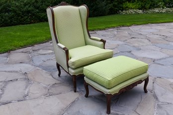 Custom Plaid Upholstered Wingback Chair With Matching Ottoman