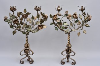 Pair Of  Vintage Gilt Metal Tole Candelabras With Rose And Leaf Motif