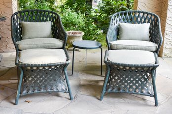 Pair Of Brown Jordan English Garden Hand Woven Chairs With Matching Ottomans, Cushions And Cocktail Table