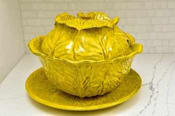 Signed Italian 1960s Large Cauliflower Leaf Majolica Tureen