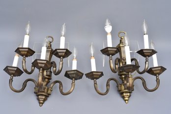 Pair Of Brass Five Arm Wall Sconces