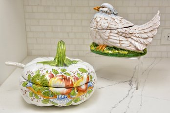 Ceramic Pumpkin Tureen And Majolica Hen Covered Tureen