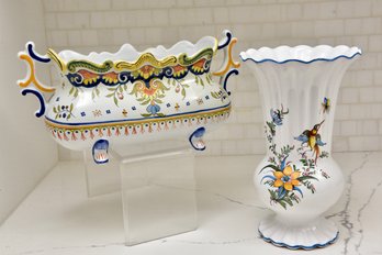 France Le Treport Signed Jardiniere And French Jallier A Moustiers Vase