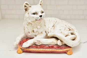 Vintage Italian Regency Porcelain White Cat On Pillow Sculpture