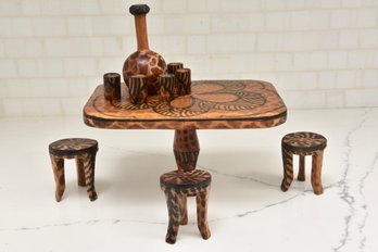 Carved African Miniature Wooden Table, Stools And More
