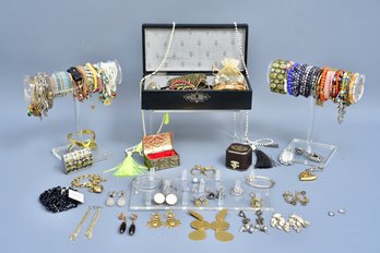 Collection Of Costume Jewelry Including Stands And Jewelry Box