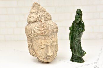 Wabi Sabi Stone Buddha Head And Guan Yin Jade Figurine