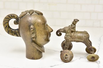 Cast Bronze Elephant Temple Toy And Indian Brass Gauri Head Statue