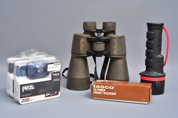 Galileo Binoculars, Tasco Pocket Telescope, Petzl Headlamp And More