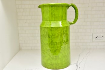1960s Large Italian Pottery Peasant Village Pitcher In Chartreuse Signed PV Italy