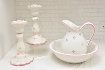 Italian Ceramic Pitcher, Bowl And Candlesticks