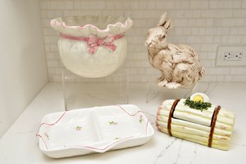 Majolica Porcelain Asparagus Lidded Box, Italian Pink Bowl, Shafford Original 1985 Tray And Ceramic Rabbit