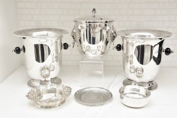 Christofle Wine Coaster, Pair Of Kent Silversmiths Champagne Buckets, Old Sheffield Ice Bucket And More