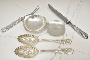 Mappin & Webb Sterling Serving Spoons, Plata Fina .900 Silver Bowl, Sterling Carving Set And Sterling Bowl