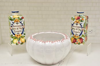 Large Italian Bowl And Pair Of Hand Painted Bottles, Limoni And Fragole