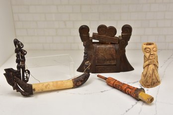 Batak Carved Bone And Wood Ritual Calendar, Cameroon Bamileke Pipe, Carved Wooden Box And Bone Figurine