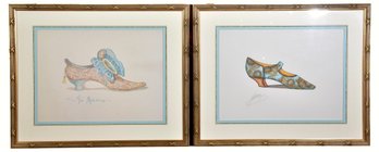 Signed Laura Rigo Framed Antique Shoe Lithograph And Watercolor Titled 'Mule Payisienne'