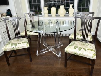 Set Of Four Stick Splat Back Dining Room Chairs With Chamfered Legs And Stretcher