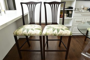 Pair Of Stick Splat Back Bar Height Stools With Chamfered Legs And Stretcher