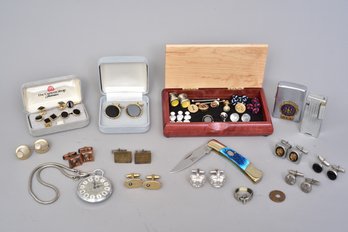 Collection Of Men's Cufflinks, Lighters, Knife, Pocket Watch And More