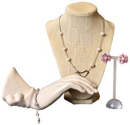 Sterling Silver Pearl Dove Necklace, Cubic Zirconia Sterling Tennis Bracelet And Sterling Clip-on Earrings