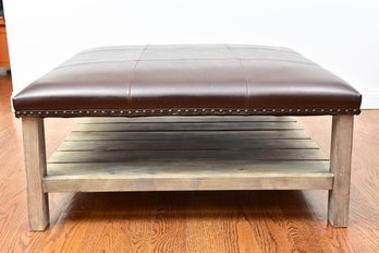 Tobacco Leather Top Coffee Table Ottoman With Nailhead Trim