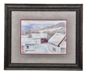 Signed Kathrena Ravenhorst - Adams Watercolor Painting Titled ' Skinner's Barn ' View From My Window In Snow