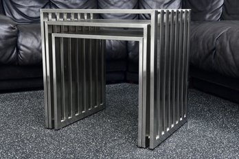 Set Of Three Brushed Stainless Nesting Tables