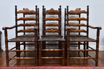 Set Of Six Antique Ladderback Chairs With Rush Seats