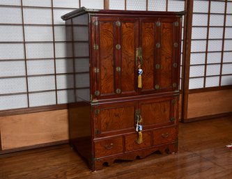 Japanese Keyaki Veneer Tansu-Style Two Piece Entertainment Cabinet