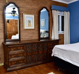 Carved Wood Triple Dresser With Matching  Arched Framed Mirrors