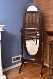 Mahogany-Finish Cheval Floor Mirror With Oval Tilting Frame