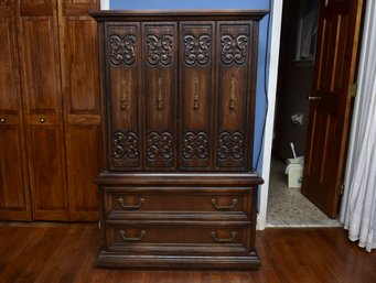 Carved Spanish Revival Armoire / Gentlemans Chest With Drawer Base