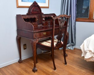 Mahogany Chippendale-Style Secretary Writing Desk With Gallery Hutch And Chair