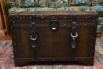 Vintage Steamer Style Wooden Storage Trunk With Faux Leather Straps