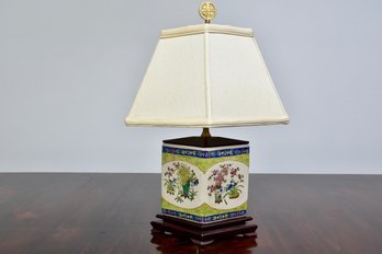 Asian-Style Porcelain Table Lamp With Floral Motif Panels, Wood Base & Fabric Shade