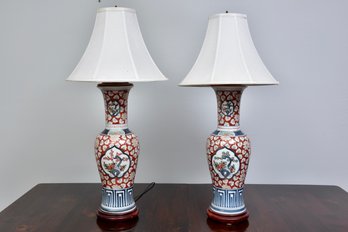 Pair Of Asian-Style Porcelain Table Lamps With Wood Bases