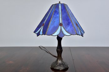 Tiffany-Style Stained Glass Table Lamp With Blue Slag Glass Shade And Ornate Metal Base