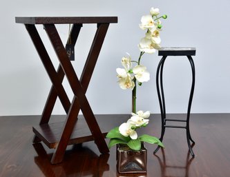 Mosaic Tile Top Table, Faux White Orchid Floral Arrangement And X-form Accent Table