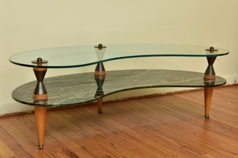 In The Manner Of Gilbert Rohde Italian Mid-century Double Tiered Faux Marble And Glass Side Tables