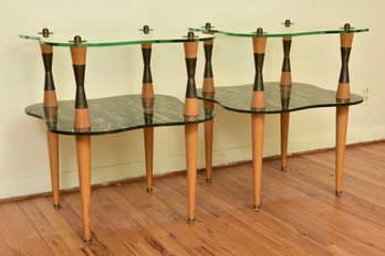 In The Manner Of Gilbert Rohde Italian Mid-century Two-Tier Glass And Faux Marble Side Tables