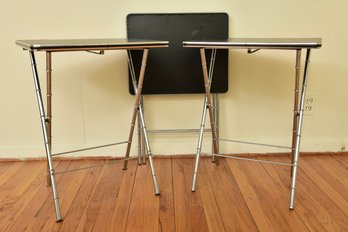 Set Of Three Mid-Century Modern Black Laminate Folding Snack Tables With Bamboo Chrome Legs