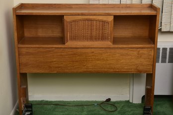 Twin Size Mid-Century Modern Walnut Headboard With Integrated Caned Cabinet And Open Shelving