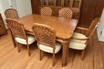 Tomlinson Furniture Walnut With Burl Trim Extendable Dining Set With Two Leaves And Six Lattice Back Chairs