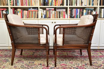 Pair Of Hickory Chair Regency Style Cane Armchairs With Upholstered Cushions
