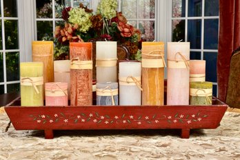 Collection Of Candles With Wooden Hand Painted Tray