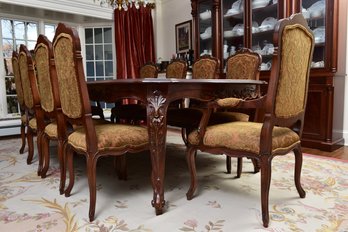 Set Of Ten Custom Louis XV Style Carved Mahogany Dining Chairs With Damask Upholstery