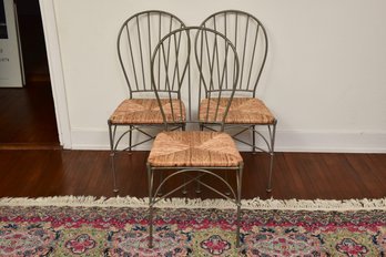 Set Of Three Metal Chairs With Rush Seats